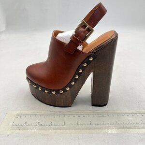 Brown Women's Chic Closed Toe Studded Clog Platform Slingback Buckle Strap Pumps